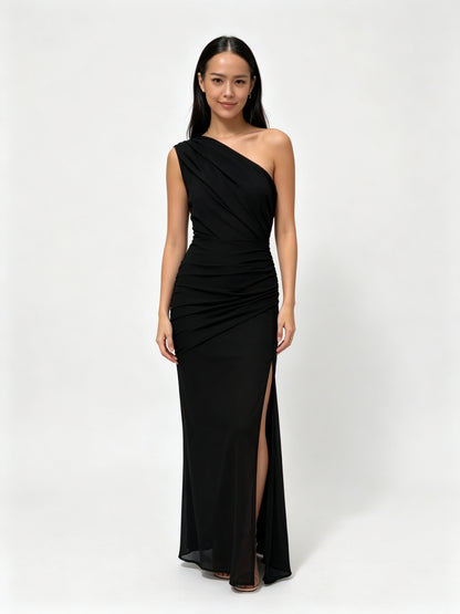 One-Shoulder Ruched Bodycon Maxi Dress - Black