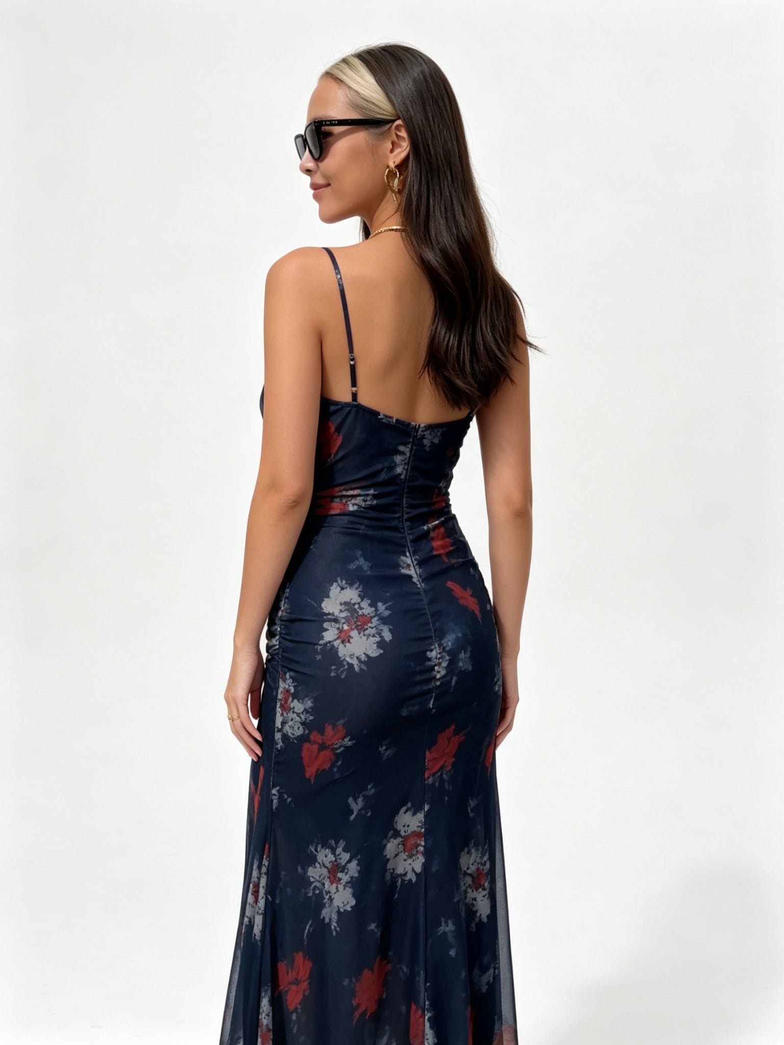 One-Shoulder Ruched Bodycon Maxi Dress - Navy Tie-Dye - Back View