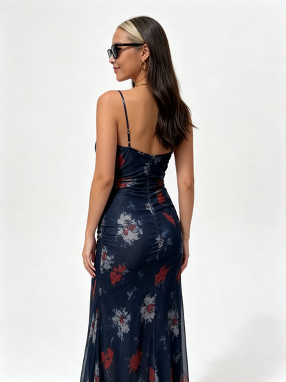 One-Shoulder Ruched Bodycon Maxi Dress - Navy Tie-Dye - Back View