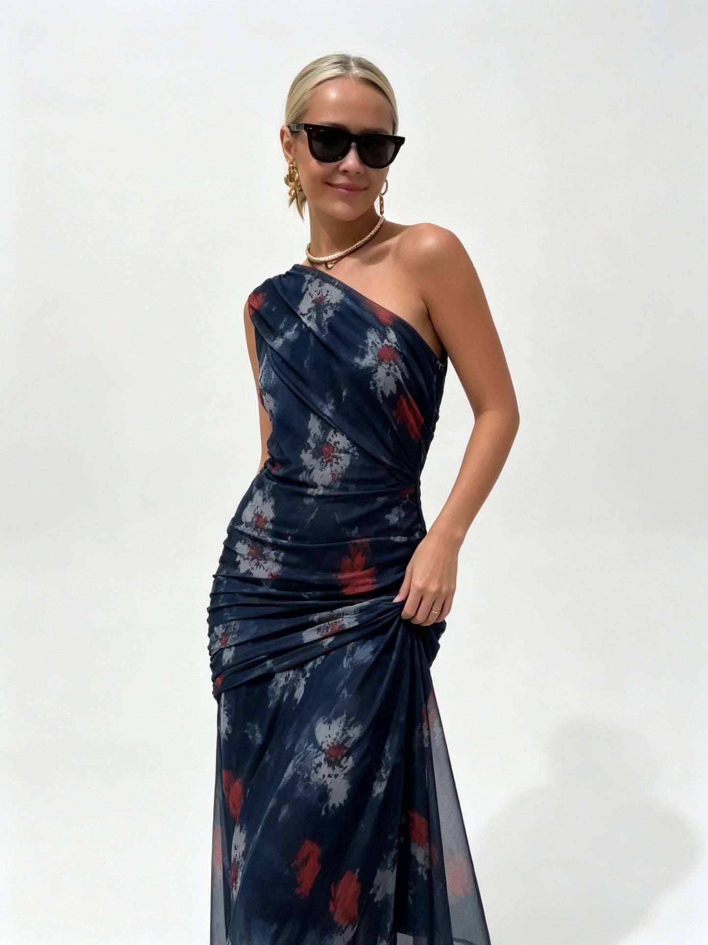 One-Shoulder Ruched Bodycon Maxi Dress - Navy Tie-Dye - Side View