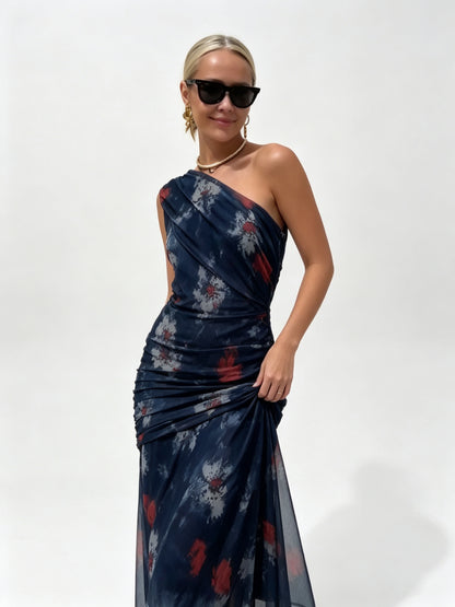 One-Shoulder Ruched Bodycon Maxi Dress - Navy Tie-Dye - Side View