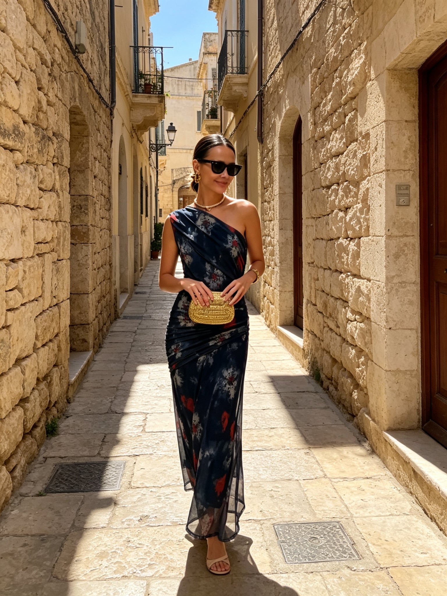 One-Shoulder Ruched Bodycon Maxi Dress - Navy Tie-Dye - Lifestyle