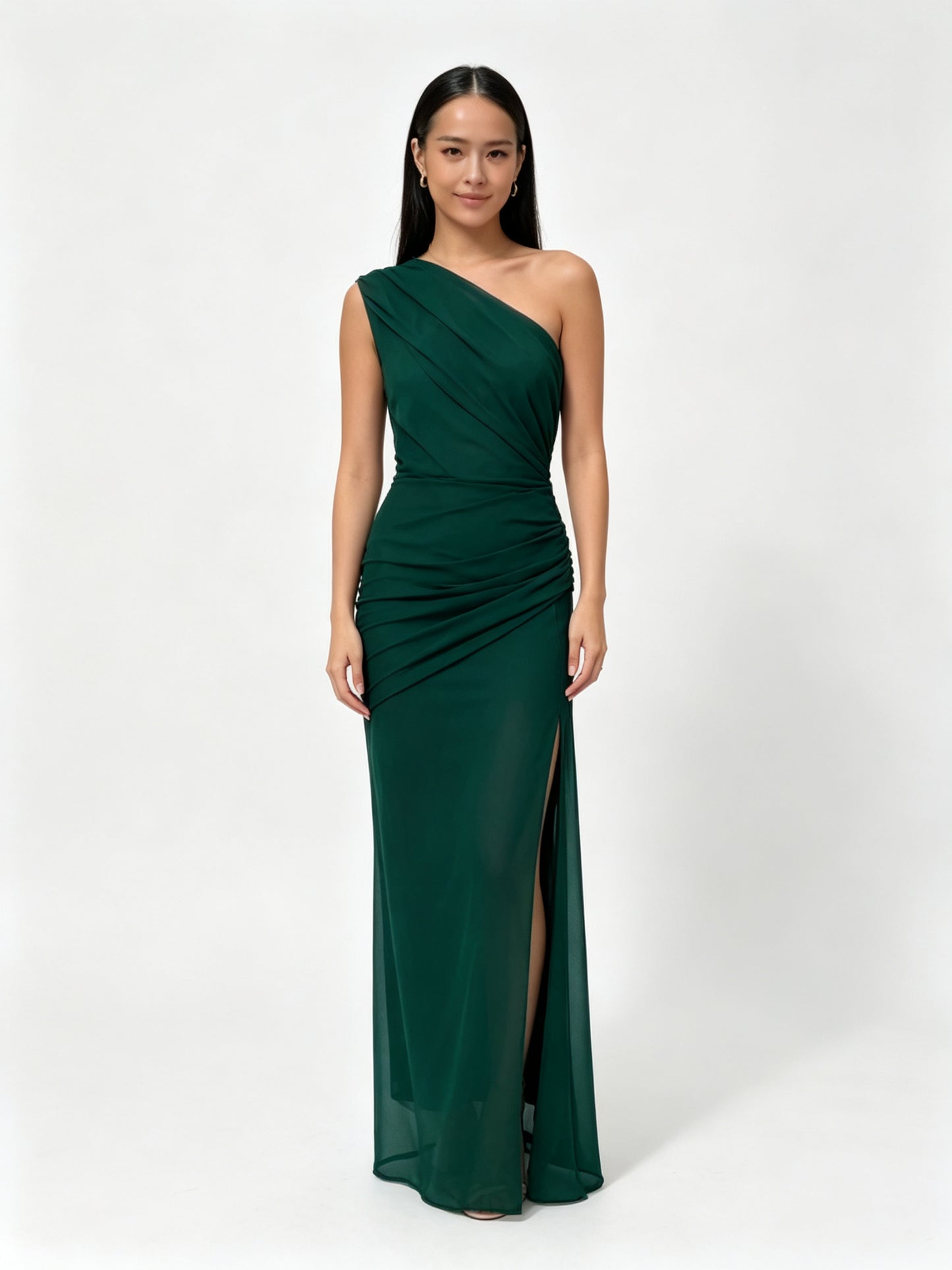One-Shoulder Ruched Bodycon Maxi Dress - Forest Green