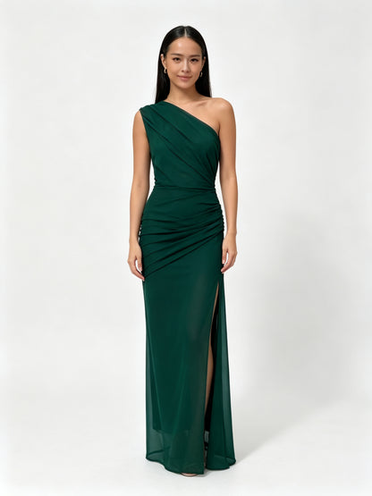 One-Shoulder Ruched Bodycon Maxi Dress - Forest Green