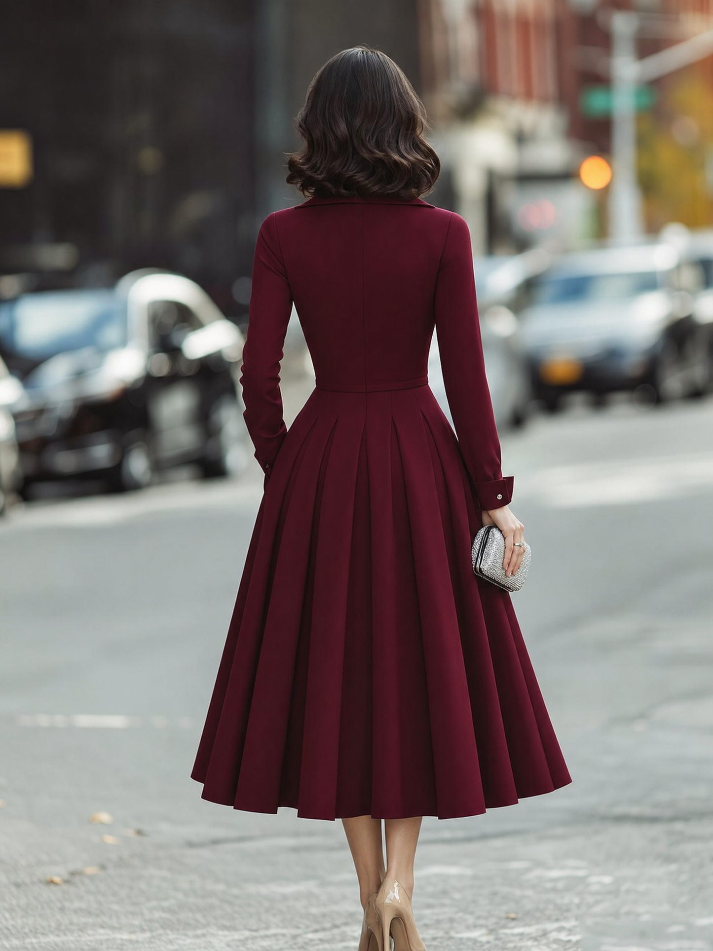 Open-Collar V-Neck Pleated Midi Dress