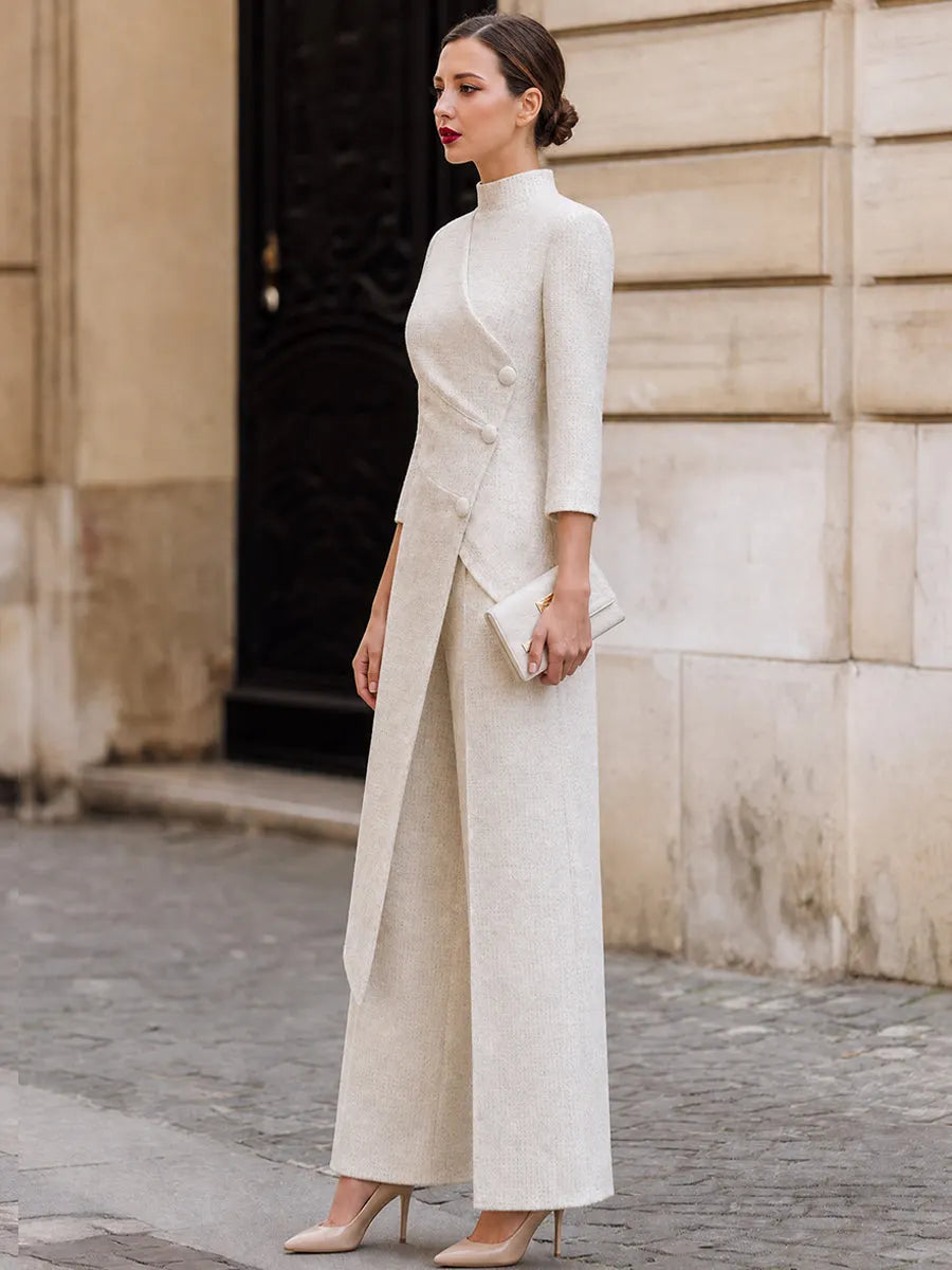 Ivory Tweed Top And Wide-leg Trousers FeaturingAn Asymmetrical Wrap Design Set