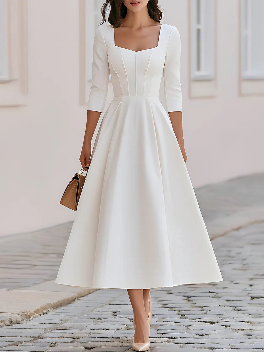 Square Neck 3/4 Sleeve Corset Seam Fit & Flare Midi Dress