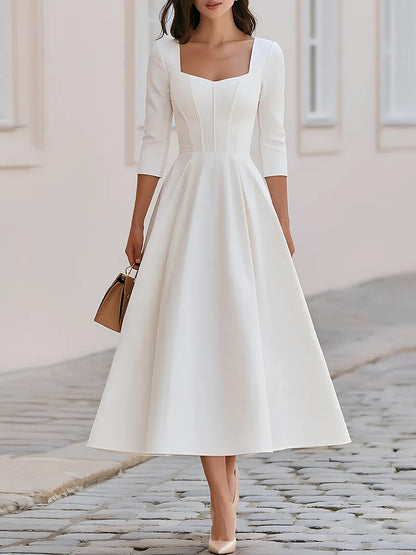 Square Neck 3/4 Sleeve Corset Seam Fit & Flare Midi Dress