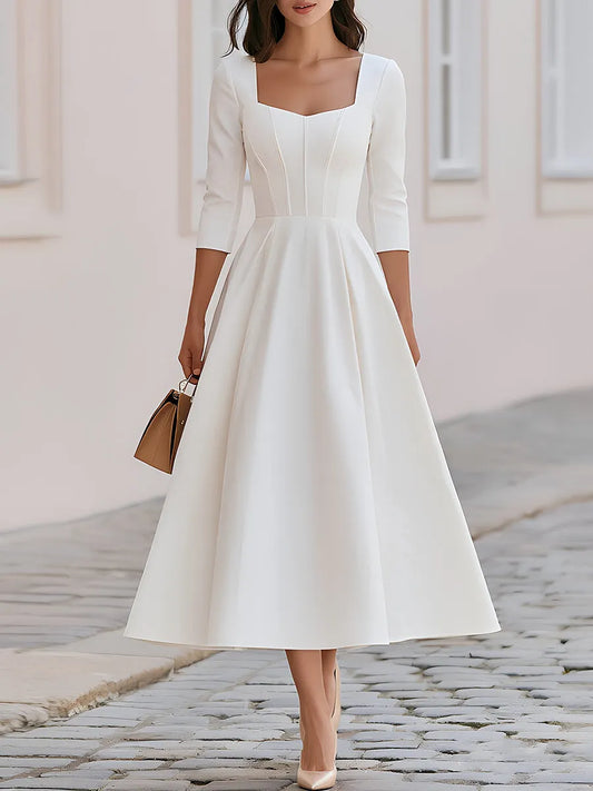 Square Neck 3/4 Sleeve Corset Seam Fit & Flare Midi Dress