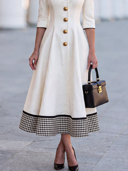 Contrast-Hem Button-Front A-Line Midi Dress