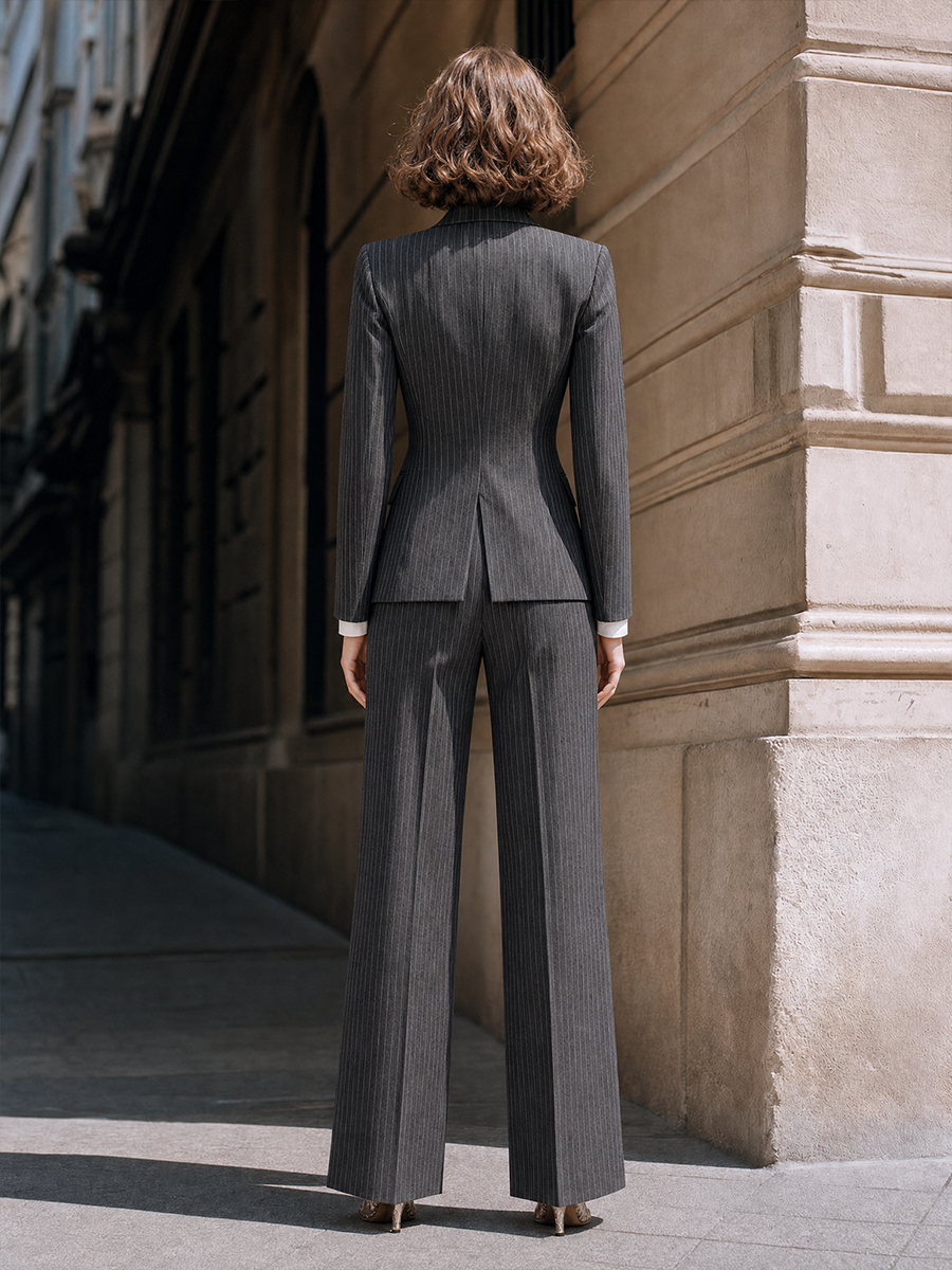 Pinstripe Single-Button Blazer And Wide-Leg Pants Set