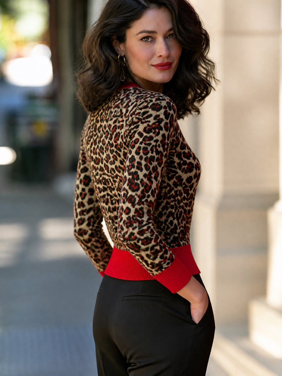 Leopard Contrast Trim Crew Neck Knit Top