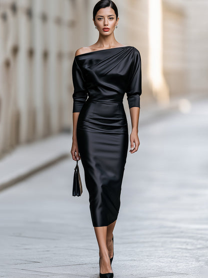 Satin Off Shoulder Ruched 3/4 Sleeve Midi Bodycon Dress