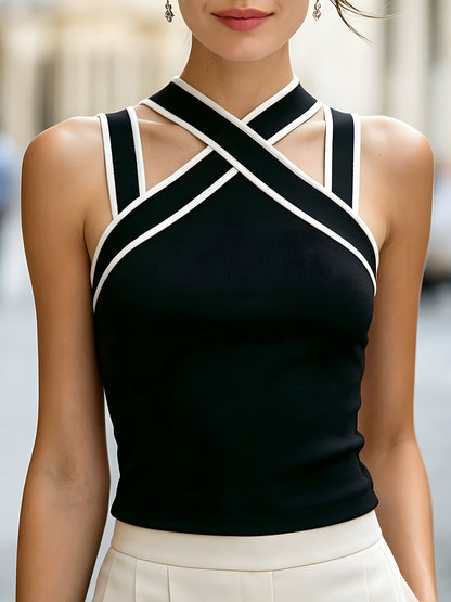 Contrast Trim Cross-Strap Halter Neck Fitted Top