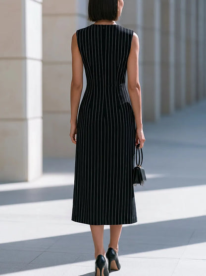 Black & White Pinstripe Sleeveless Button-Detail Midi Dress