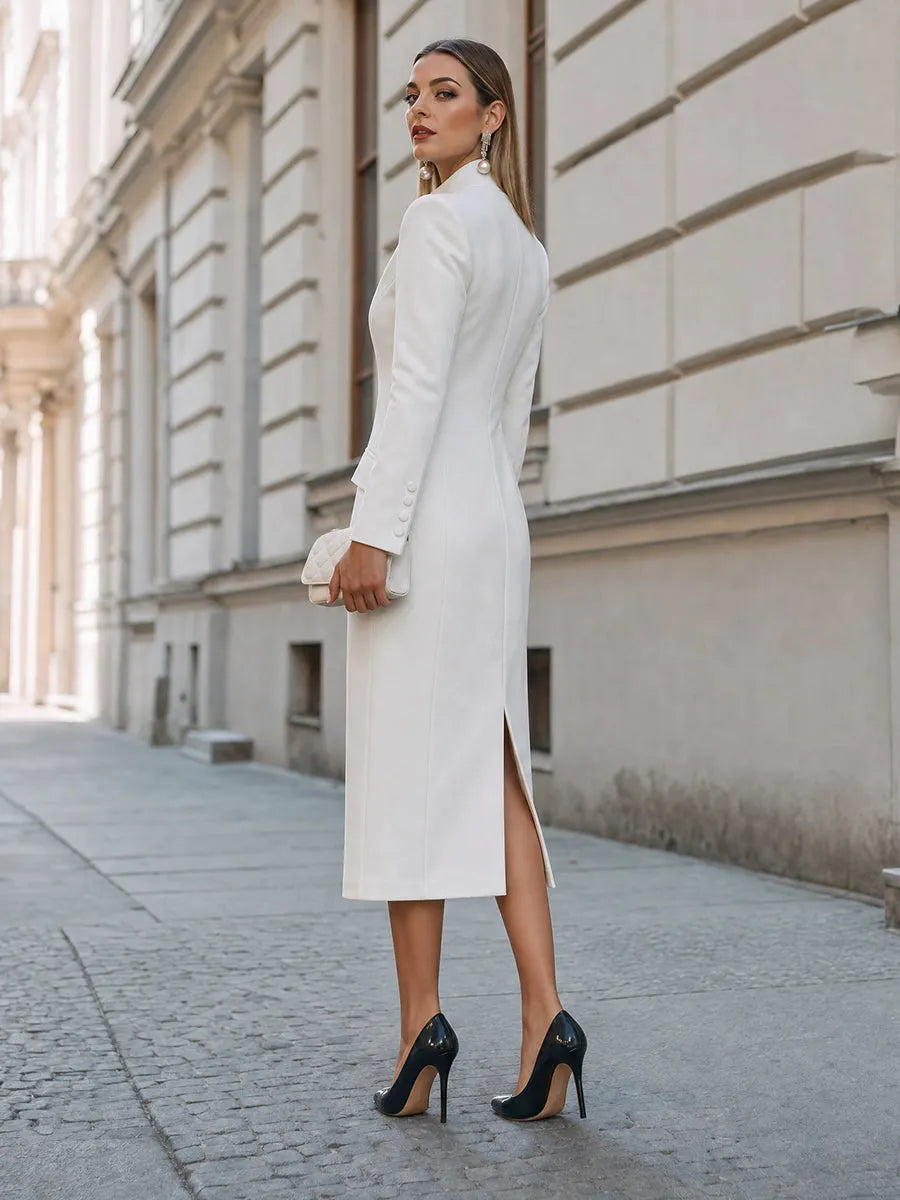 High-Neck Button-Front Pencil Midi Dress