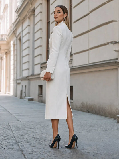 High-Neck Button-Front Pencil Midi Dress