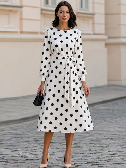 Polka Dot Round Neck Balloon Sleeve Belted A-Line Midi Dress