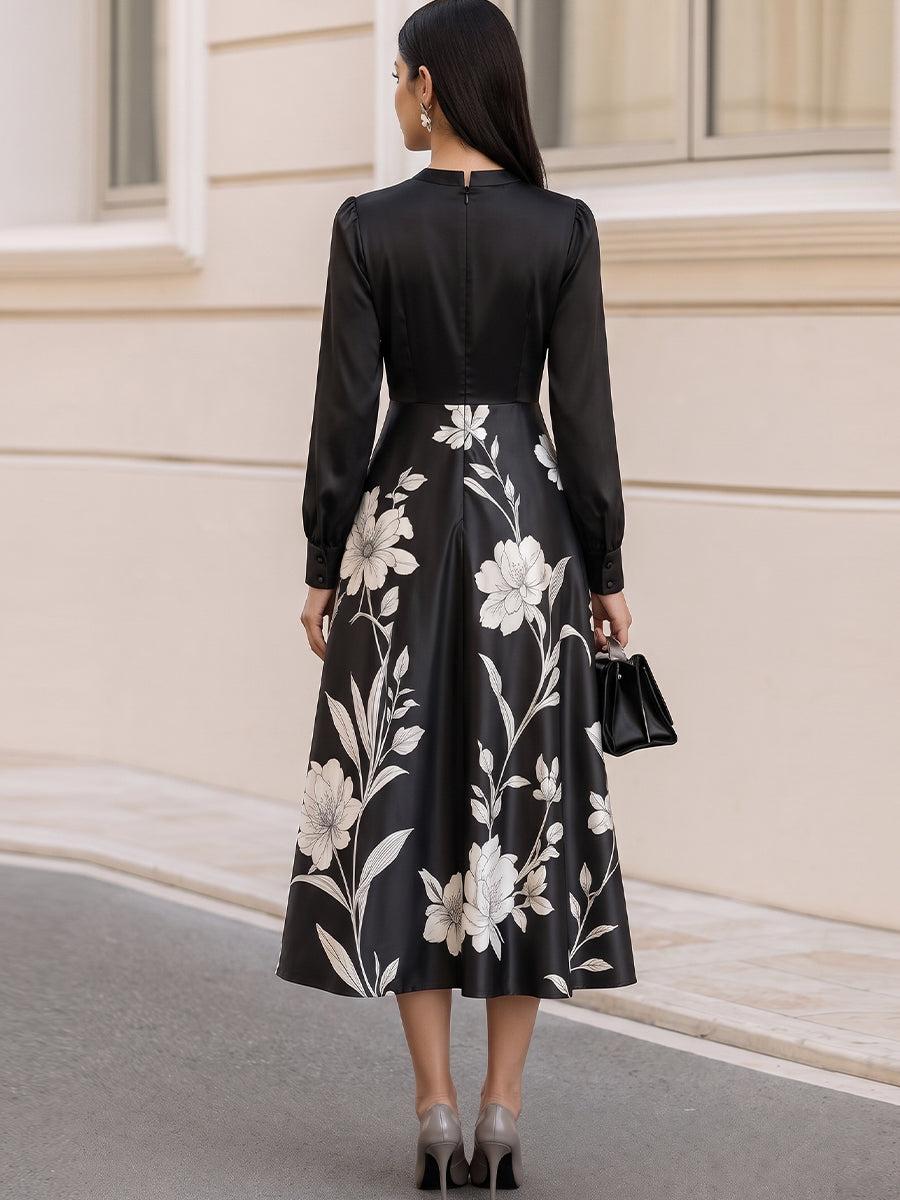 Floral Print Notched Neck Long Sleeve A-Line Midi Dress