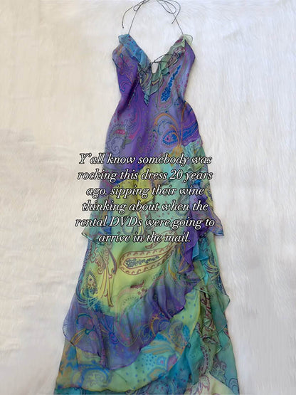 flower printed Gradient Color Splicing Sleeveless Spaghtti-Neck asymmetric ruffled chiffon Maxi Dresses
