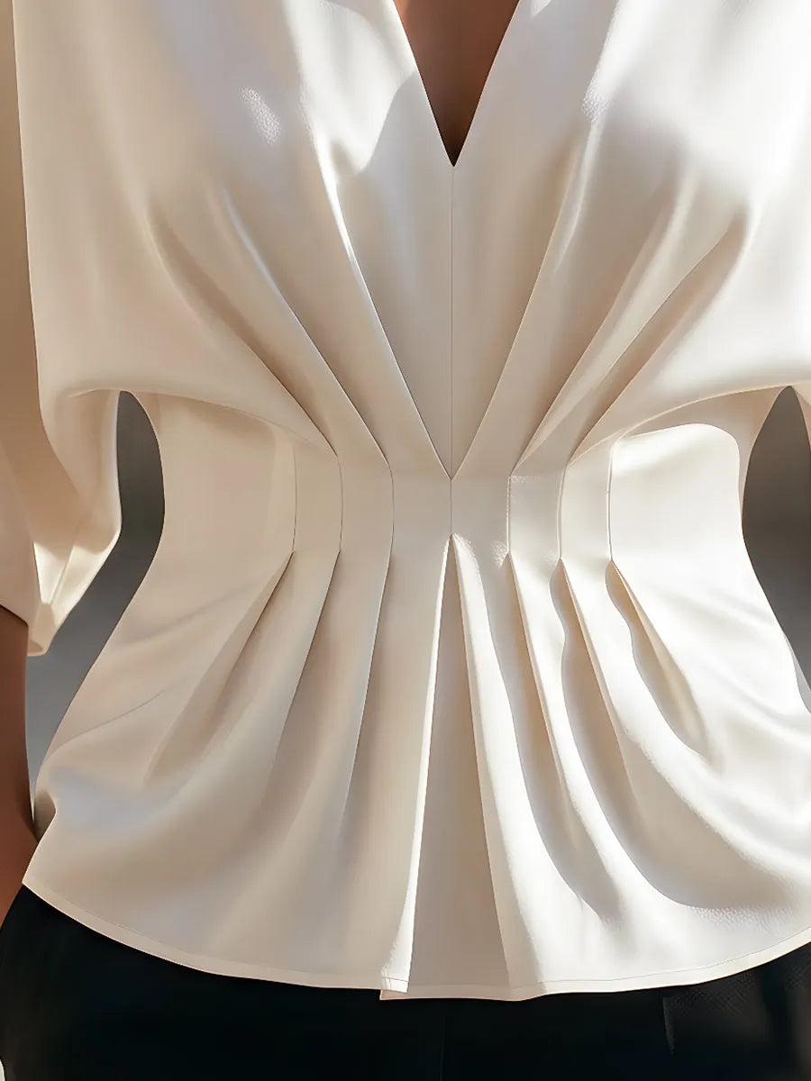 Draped V-Neck Ruched Waist Peplum Blouse