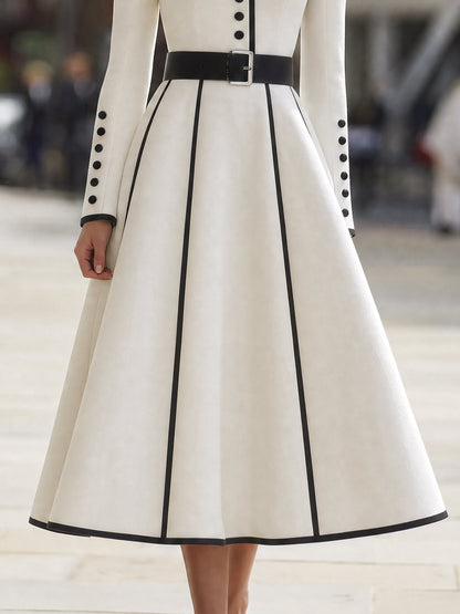 Contrast Trim Belted Flare Midi Dress