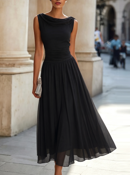 Draped Neck Sleeveless Pleated Midi Dress