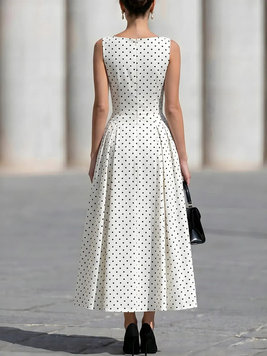 Sleeveless Boat Neck Polka Dot Fit-and-Flare Midi Dress