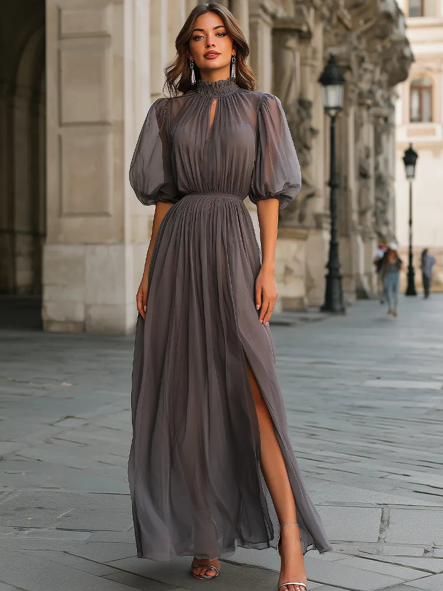 High Neck Gathered Chiffon Maxi Dress With Front Slit