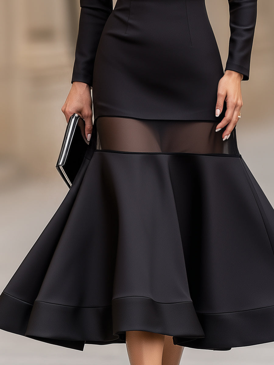 Sheer Panel Fit-and-Flare Midi Dress