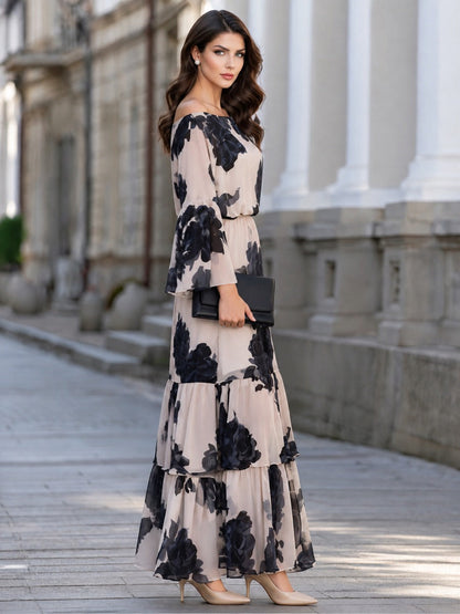 Off-Shoulder Floral Print Bell Sleeve Tiered Maxi Dress
