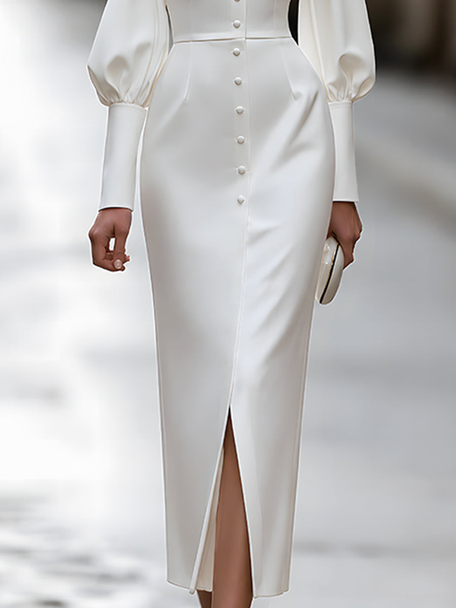 High-Neck Puff-Sleeve Button-Front Midi Dress