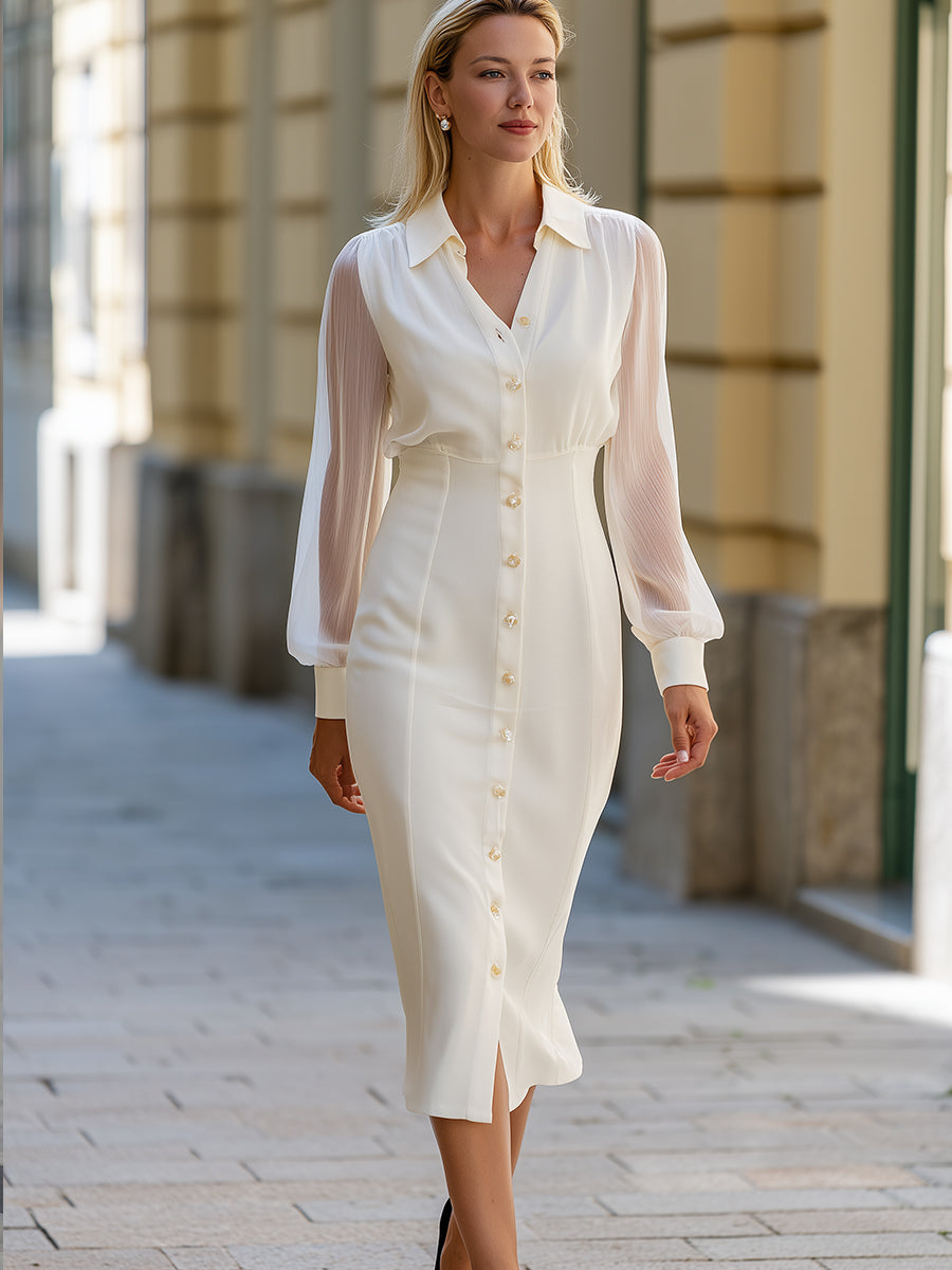 Sheer Sleeve Button-Front Sheath Midi Dress