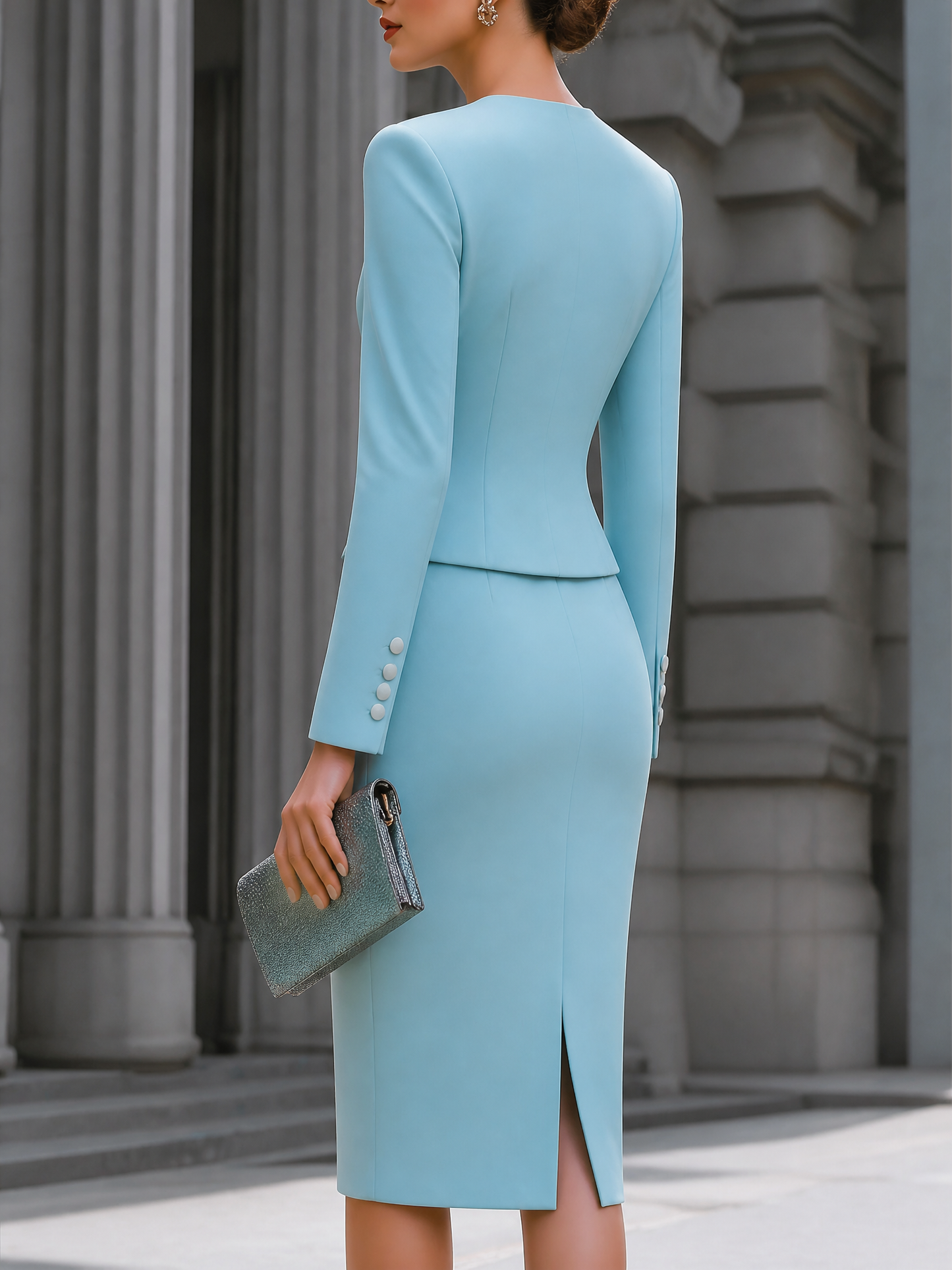 Minimalist Tailored Blazer And Button Front Pencil Skirt Set