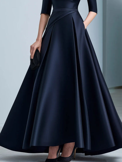 Draped Waist Bateau Neck Satin A-Line Evening Gown