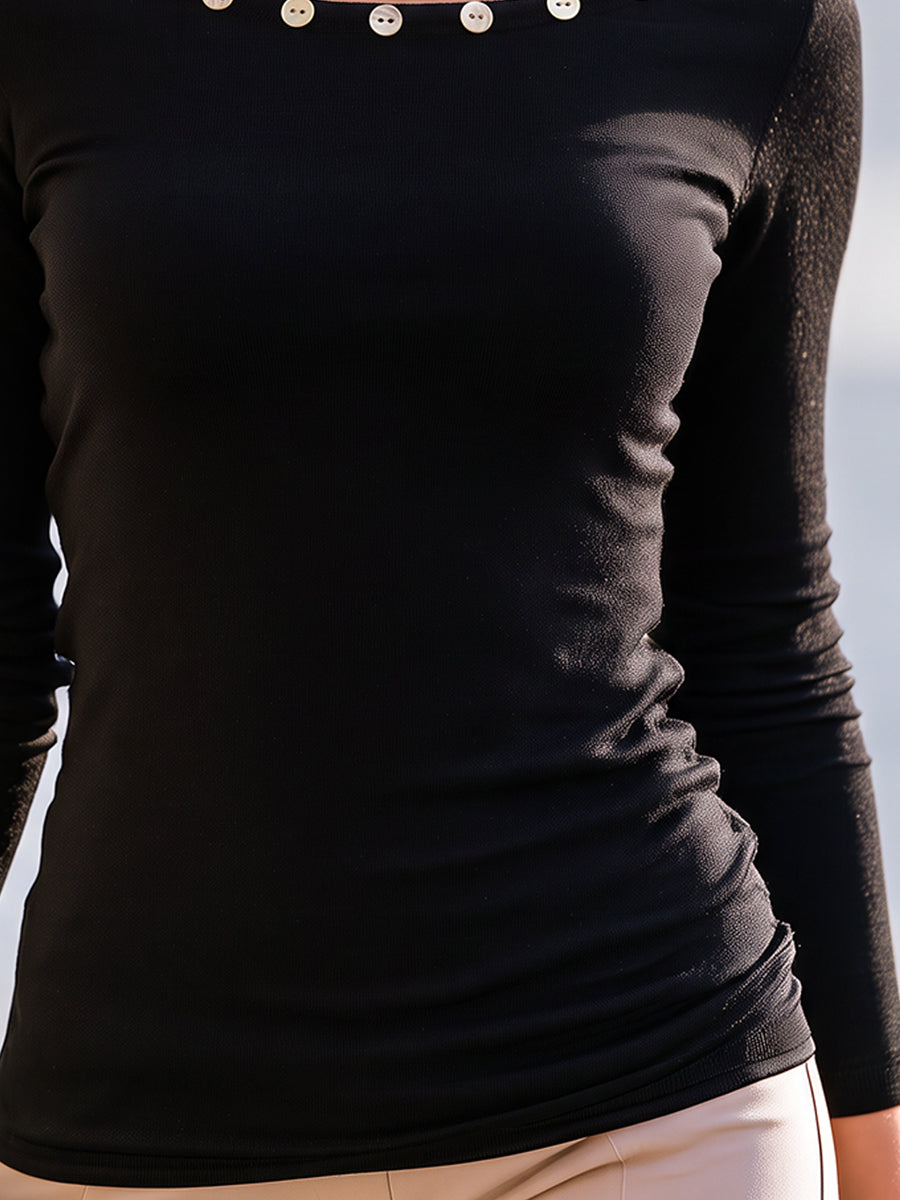 Button-Trim Boat-Neck Long-Sleeve Top