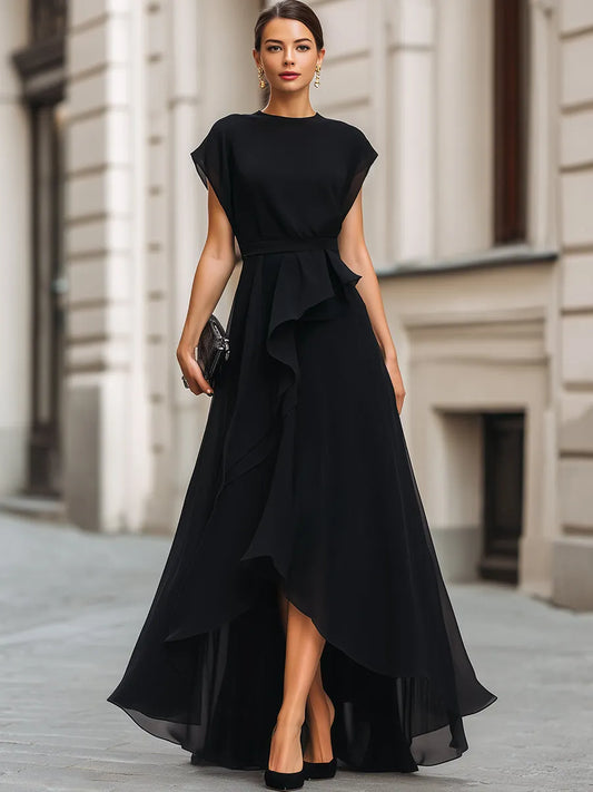 Asymmetric Ruffle High-Low Maxi Dress With Defined Waist