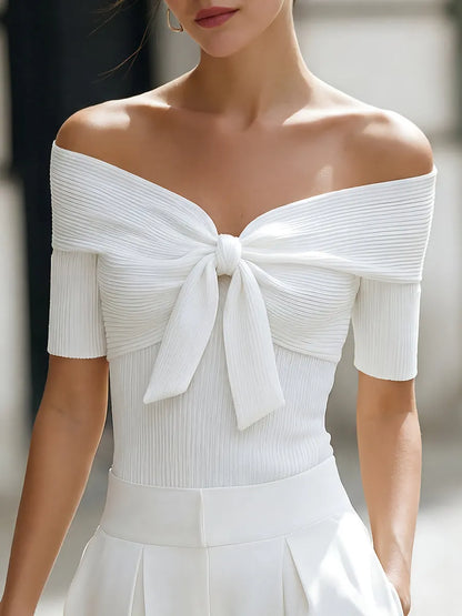 Bow-Front Off-Shoulder Ribbed Short-Sleeve Top