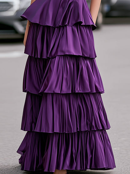 High Neck Halter Plunging V Bodice Ruched Waist Cascading Ruffle Tiered Long Dress