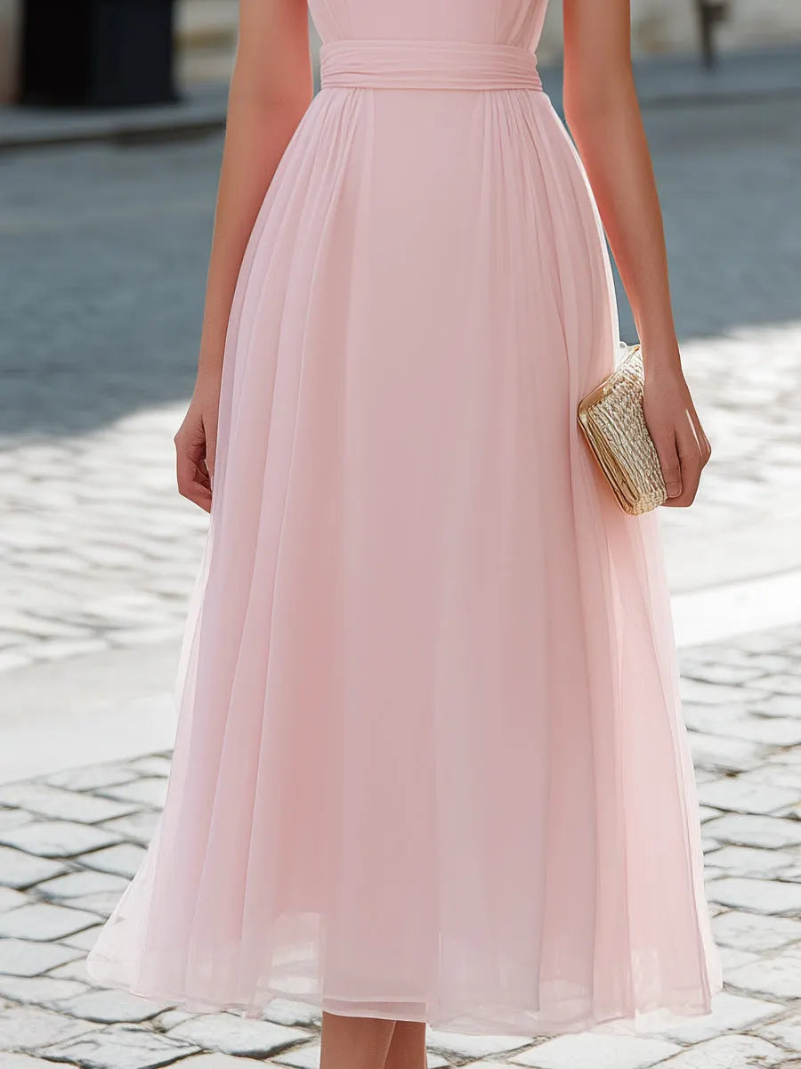 Puff Short Sleeve A-Line Chiffon Midi Dress