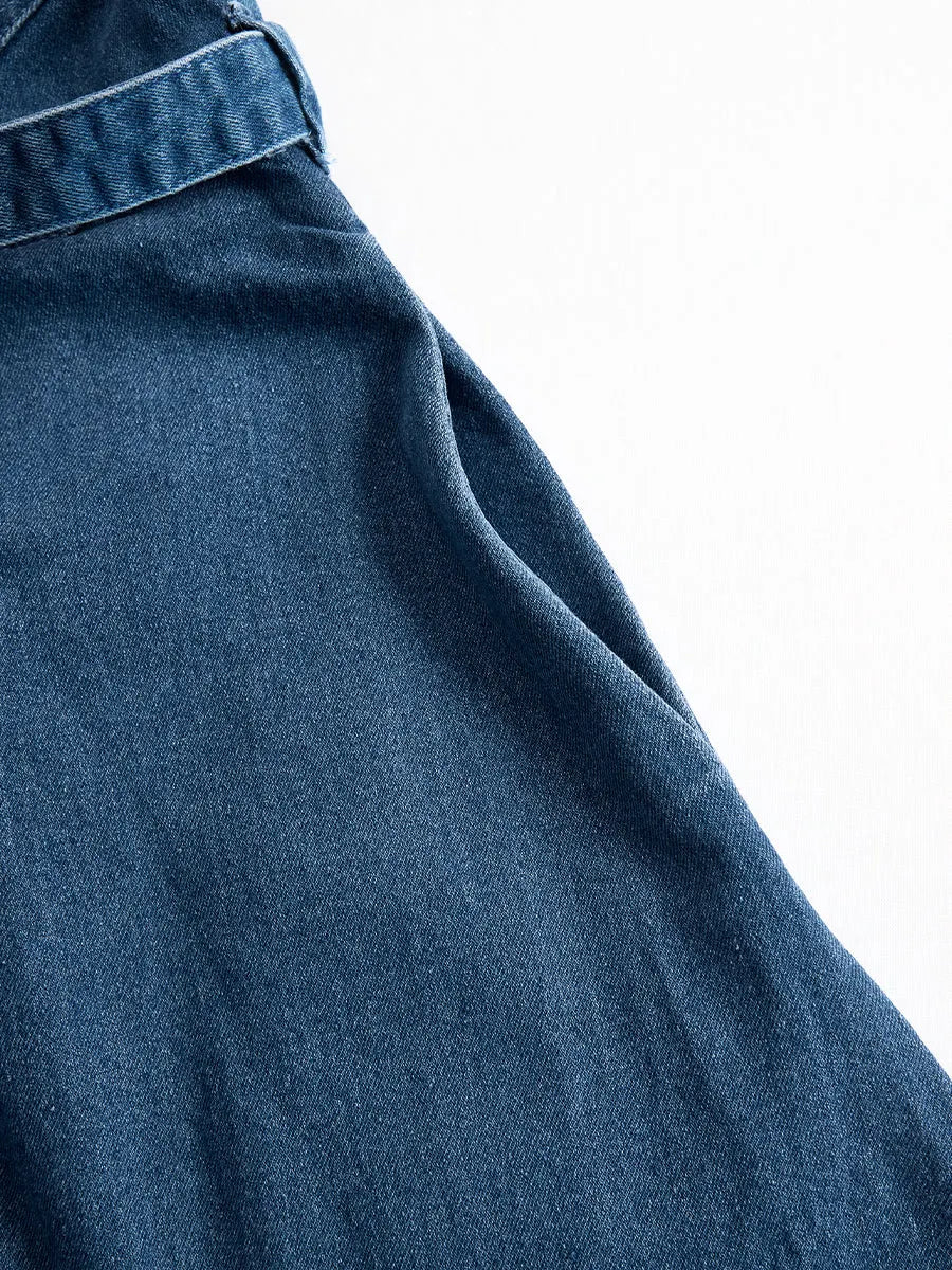 Elegant Zippered Belted Denim Midi Dress