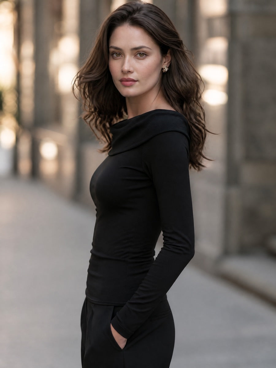 Mesh Insert Fold-Over Neck Long Sleeve Top