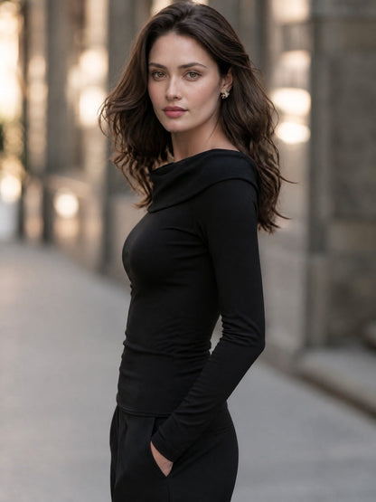 Mesh Insert Fold-Over Neck Long Sleeve Top