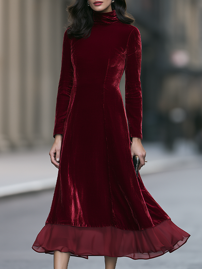 Turtleneck Princess-Seam Sheer Ruffle Hem Velvet A-Line Maxi Dress