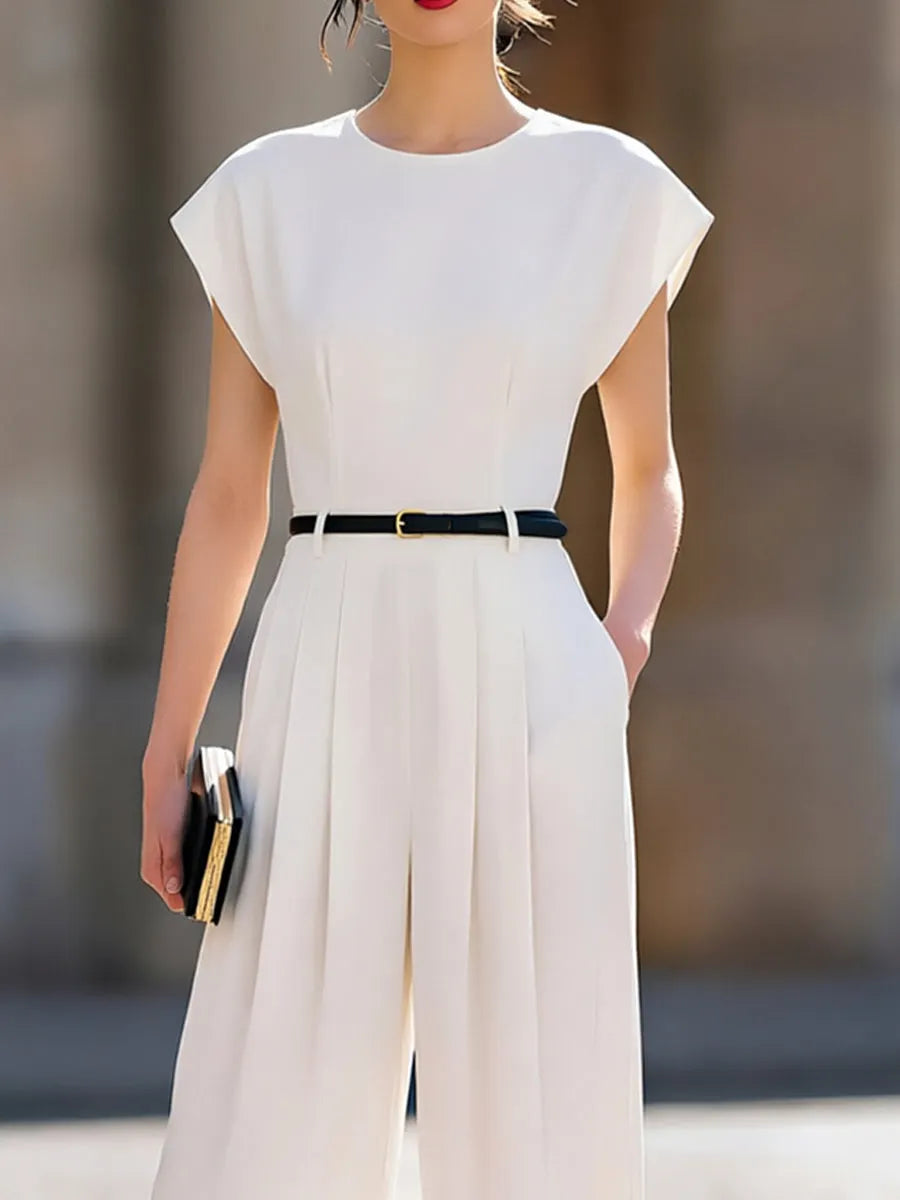 Cap-Sleeve Round-Neck Belted Wide-Leg Jumpsuit