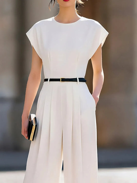 Cap-Sleeve Round-Neck Belted Wide-Leg Jumpsuit