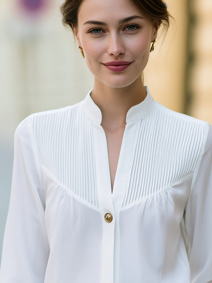 Pleated Yoke Stand Collar Button Blouse