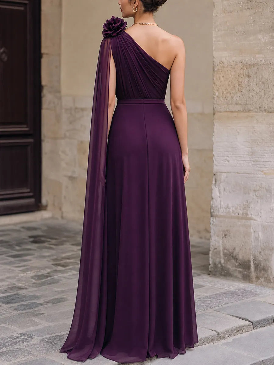 One-Shoulder Floral Detail Chiffon Evening Gown