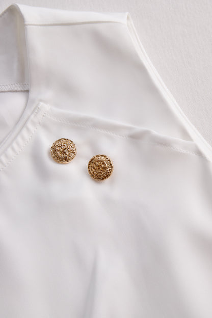 Elegant White Draped Top with Button Detail