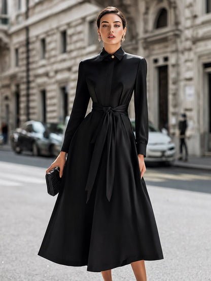 Belted Button-Front Midi Shirt Dress With Full A-Line Skirt